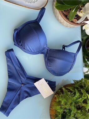 Navy Blue Ribbed Brazilian Bikini Set | Underwire Swimwear